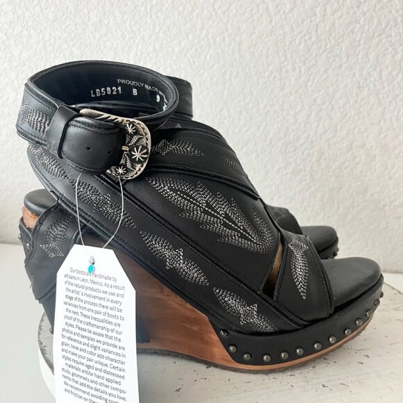 Lane Boots LEXINGTON Womens Black Wedges 9 Western Sandals Cowgirl Wooden Heel - Picture 2 of 11